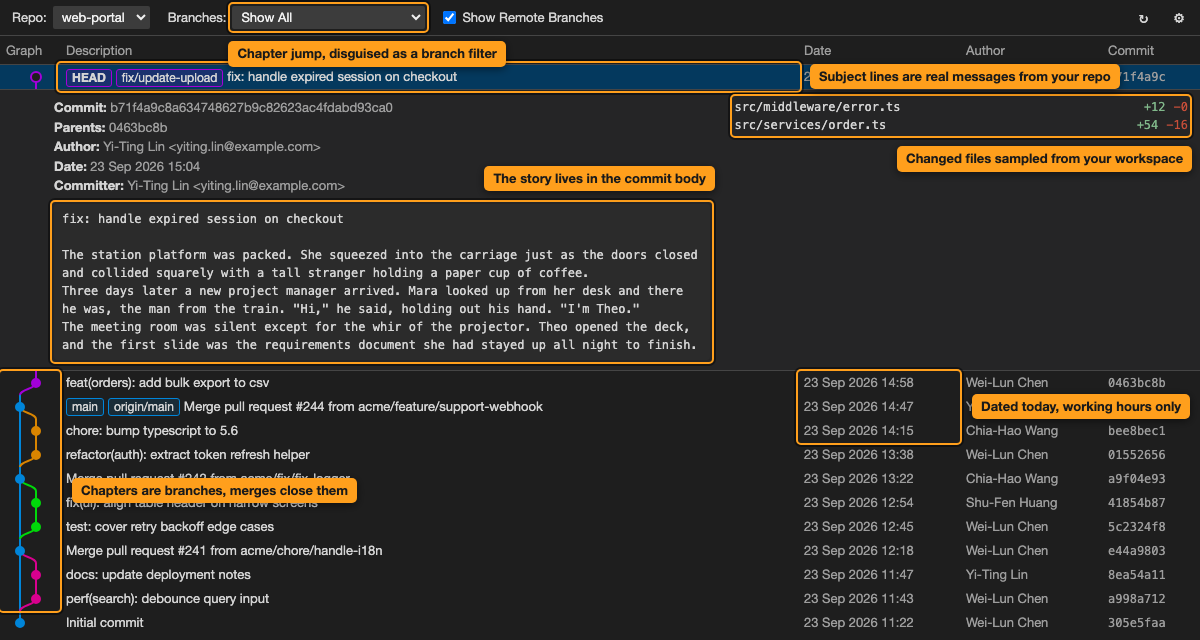 The main view: an ordinary-looking commit graph with the story in the commit body