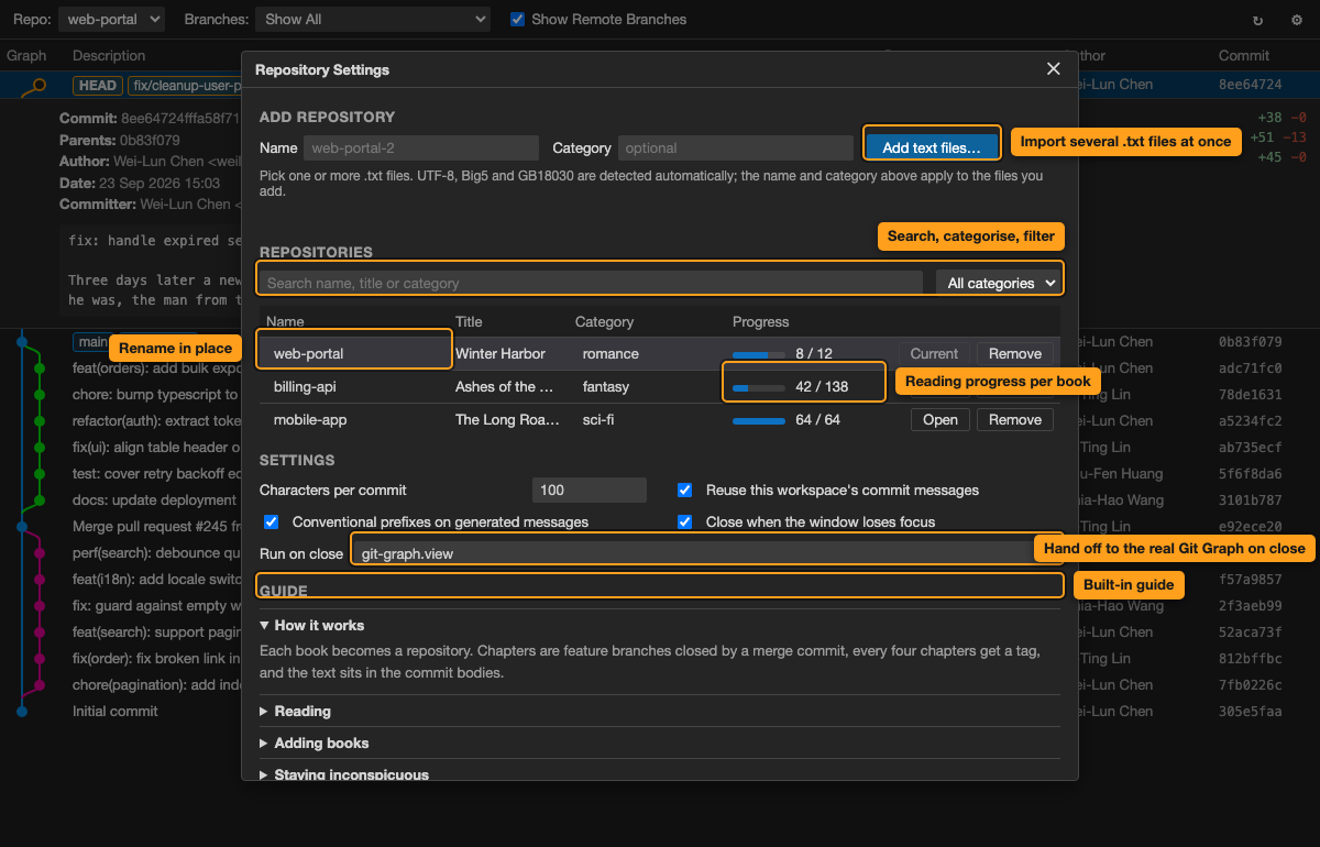 Repository Settings: import, search, categorise, track progress